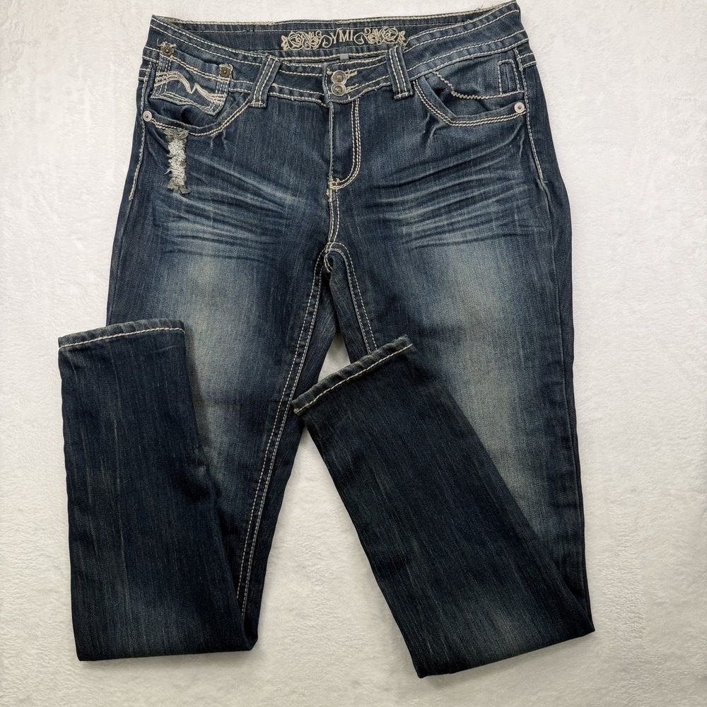 YMI Distressed Low-Rise Skinny Jeans- Size 13 Blue Dark Wash Denim 34x32 Y2K